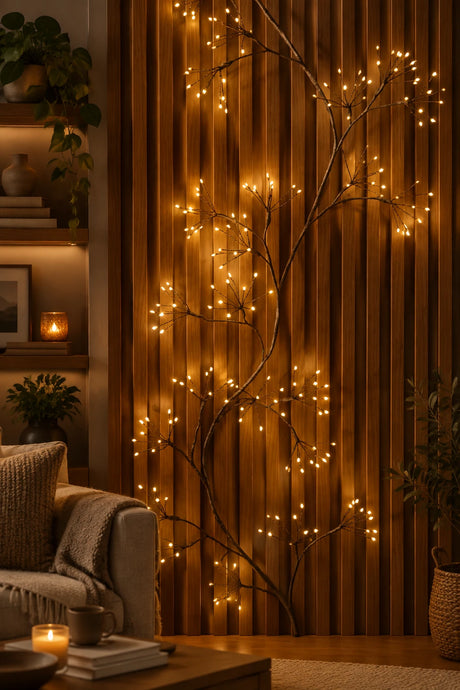 Decorative branch-shaped string lights with warm glowing bulbs draped against a vertical wood slat wall.