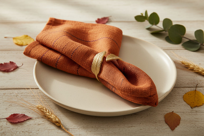 Gold napkin ring with leaf designs on a white background