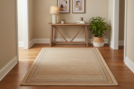 Beige rug with a striped border on a white background