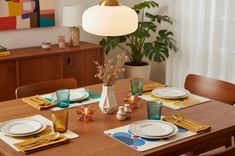 Set of six rectangle placemats  with colorful geometric patterns on a beige background