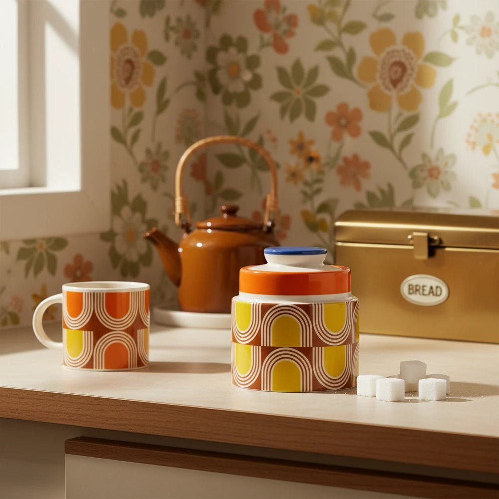 Decorative jar with a geometric pattern on a beige background