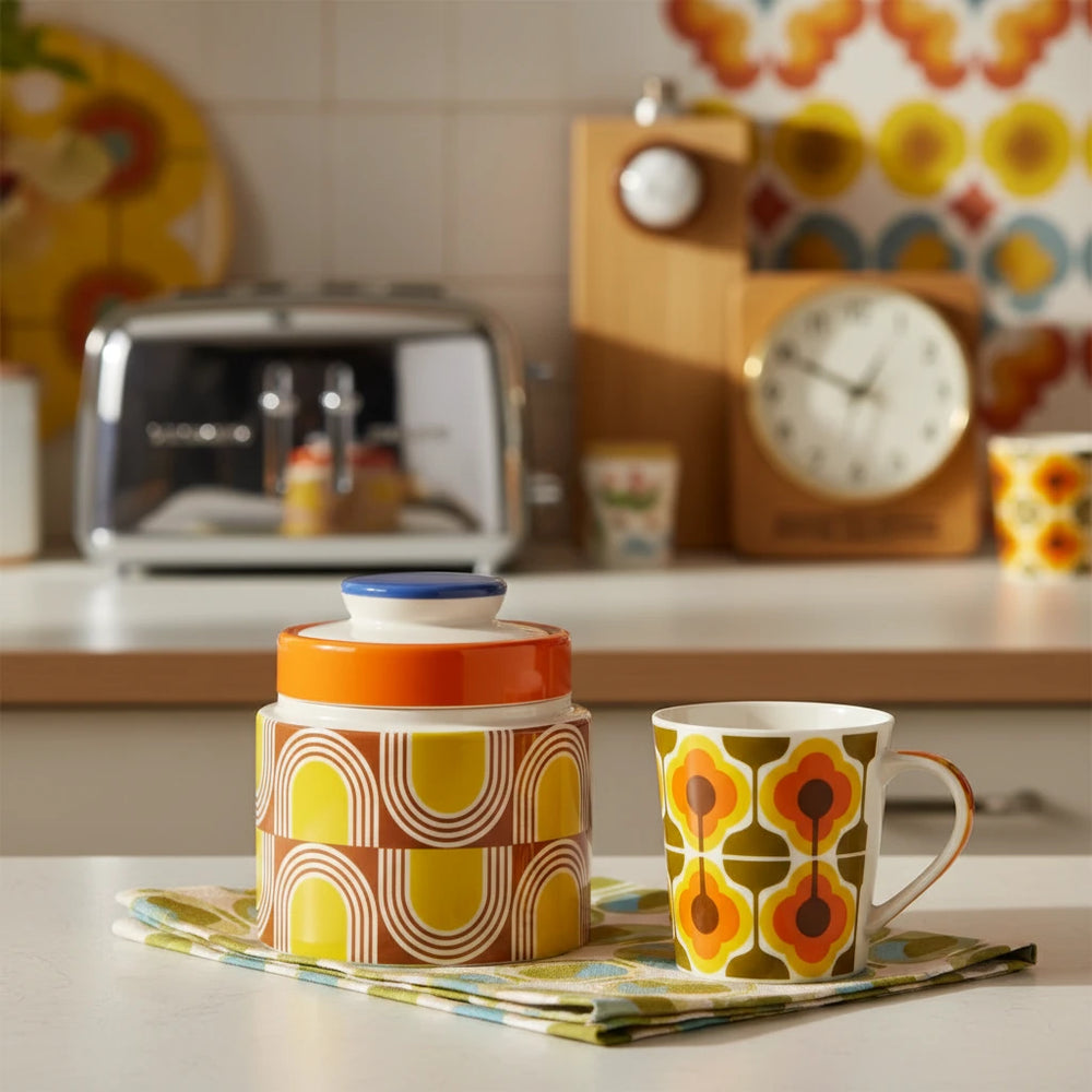Decorative jar with a geometric pattern on a beige background