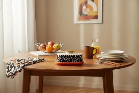 Ceramic butter dish with black leaf pattern and orange base on a beige background