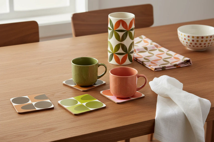Set of four geometric patterned coasters on a beige background