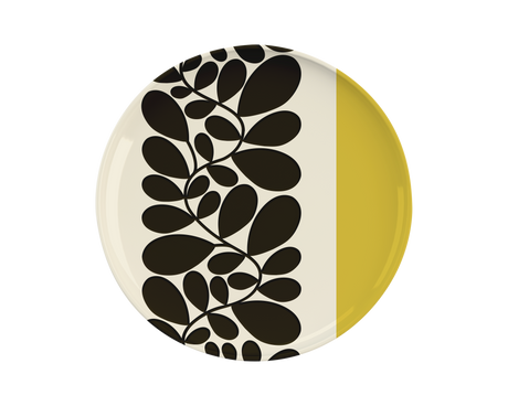 Round plate with black leaf pattern on a white background