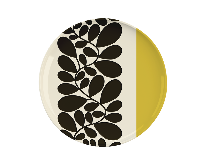 Round plate with black leaf pattern on a white background