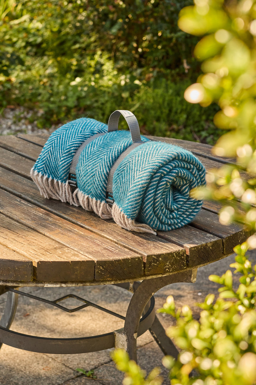 Tweedmill Polo Pure Wool Knitted Picnic Blanket, Herringbone, Teal & Hazel