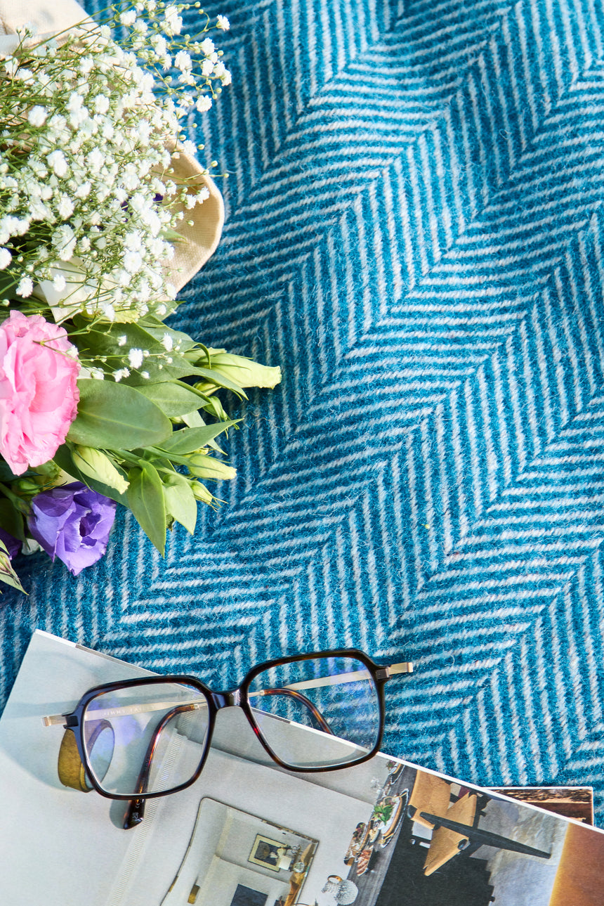 Tweedmill Polo Pure Wool Knitted Picnic Blanket, Herringbone, Teal & Hazel