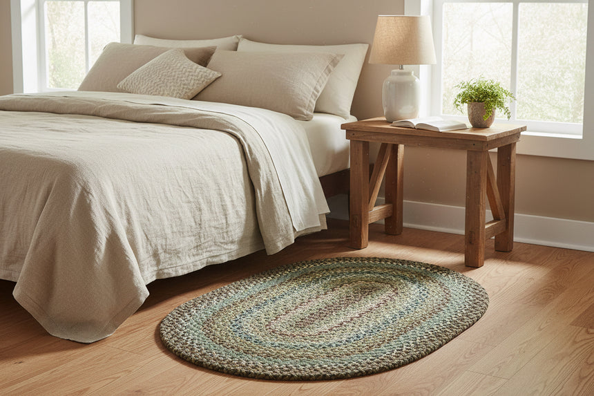 Round braided rug in a hallway with a wooden console table, mirror, and decor items.