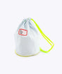 Light blue  drawstring bag with a red label on a white background