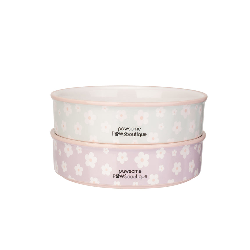 Pawsome Boutique Ceramic Pet Bowl, Flowers (Set Of 2)