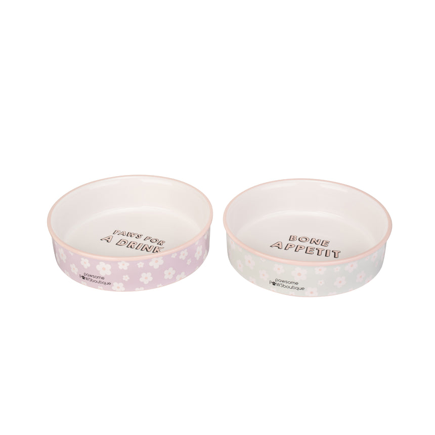 Pawsome Boutique Ceramic Pet Bowl, Flowers (Set Of 2)