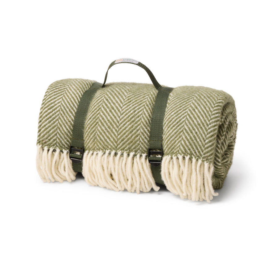 Tweedmill Polo Pure Wool Knitted Picnic Blanket, Fishbone, Olive