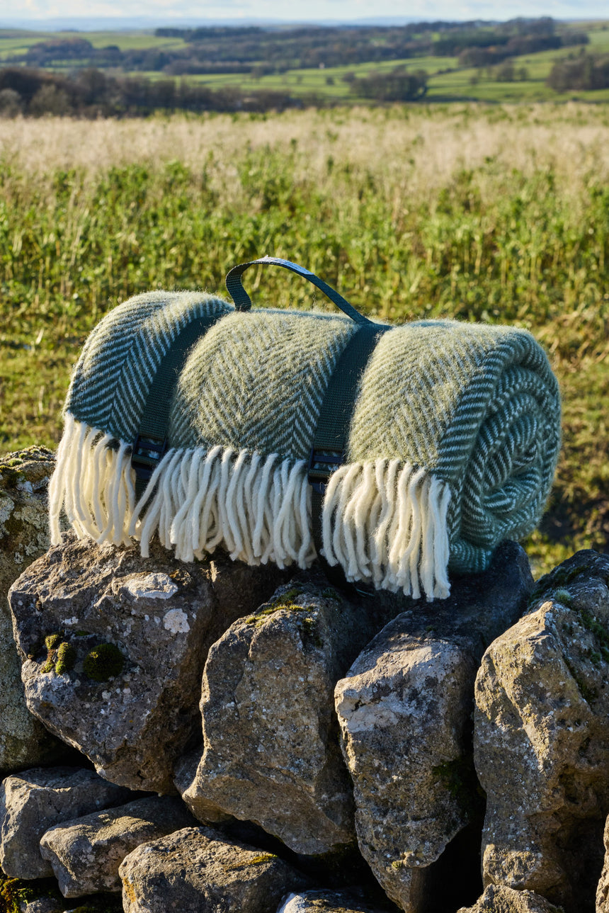 Tweedmill Polo Pure Wool Knitted Picnic Blanket, Fishbone, Olive