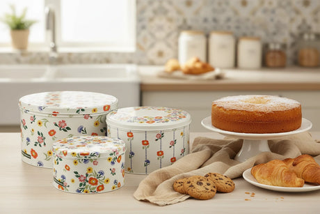 Set of three floral-patterned storage boxes on a white background