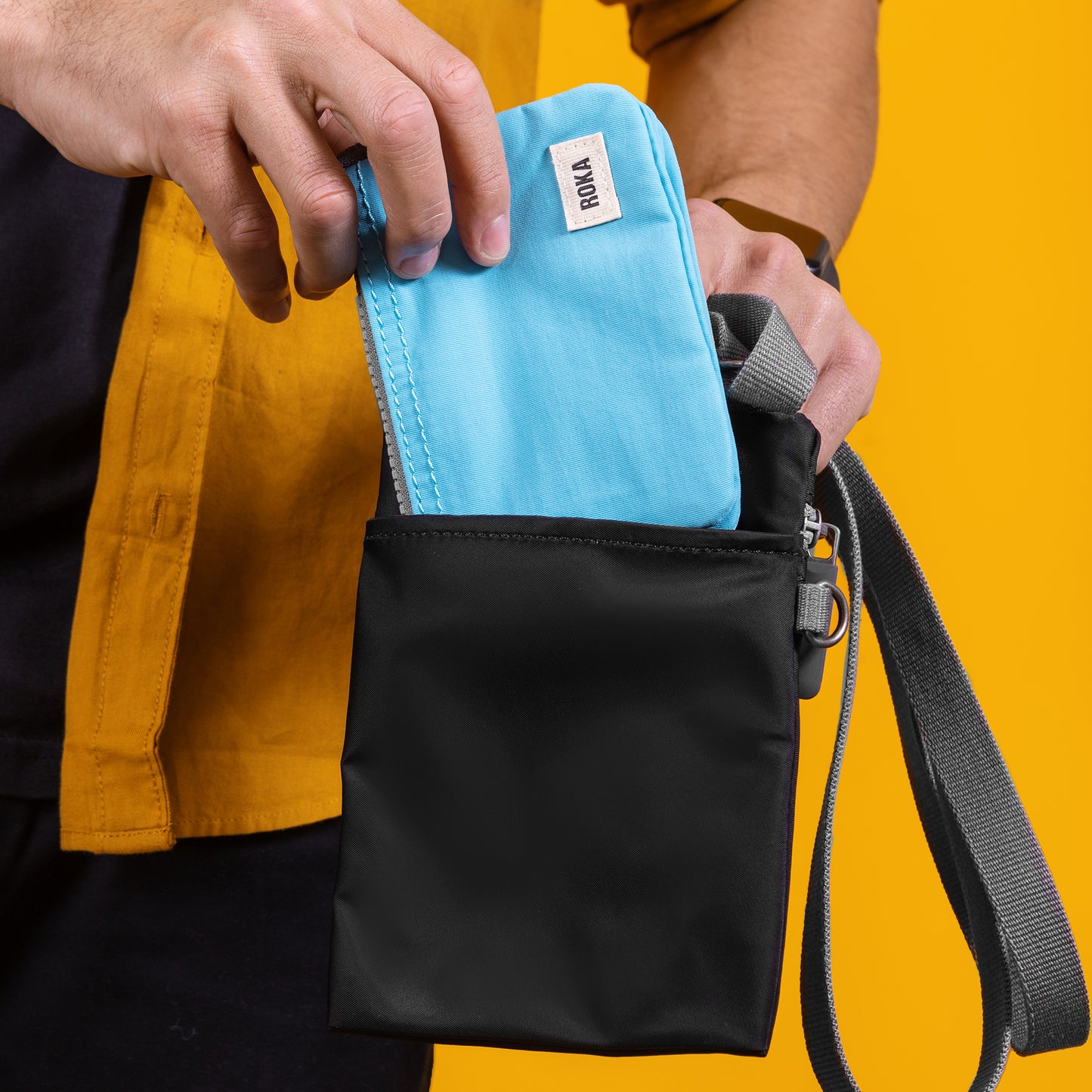 Roka London Chelsea Crossbody Phone Bag, Black (Recycled Nylon)