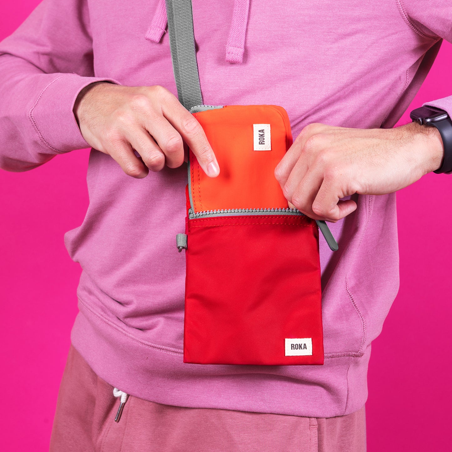 Roka London Chelsea Crossbody Phone Bag,Cranberry Red (Recycled Nylon)