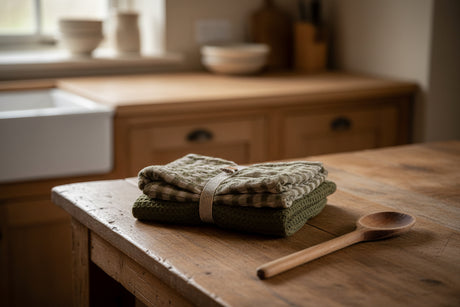 Folded green and beige tea towels  with a button on a wooden chair