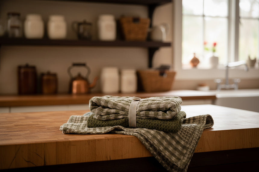 Folded green and beige tea towels  with a button on a wooden chair