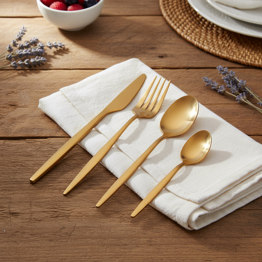 Set of gold-colored cutlery including a knife, fork, and two spoons on a white background.