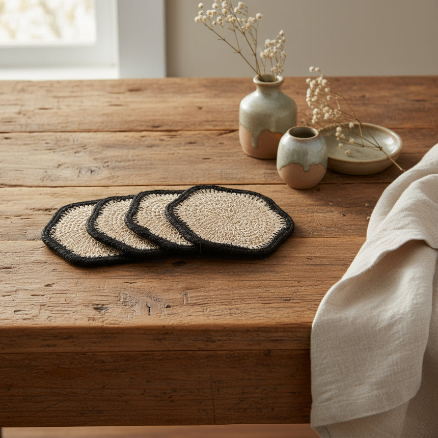 Set of four round woven coasters with black rim on a white background