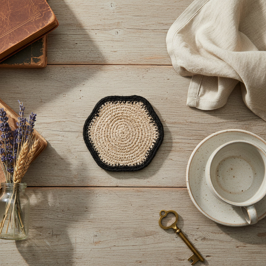Round woven coaster with black rim on a white background