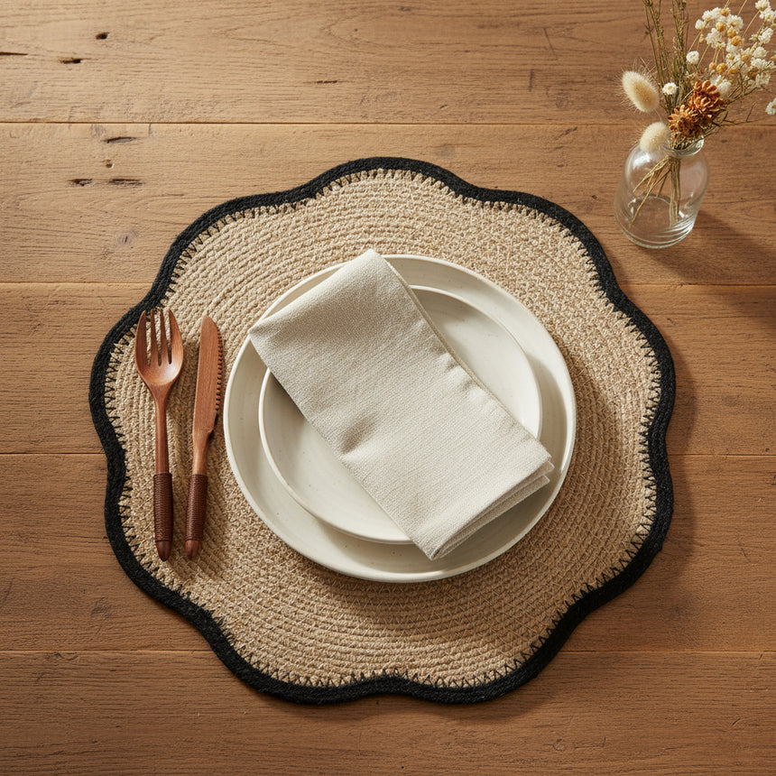 Round woven placemat with black border on a white background