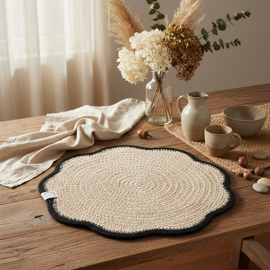 Two round braided rugs with black borders on a white background