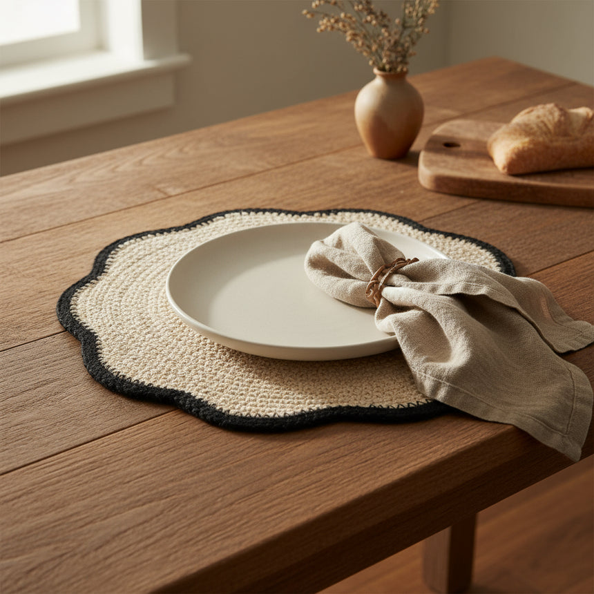 Round woven mat with a black border on a white background