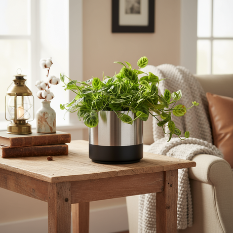 Silver plant pot with black base