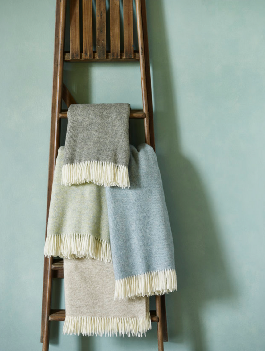 Bronte By Moon Herringbone Shetland Wool Throw, Duck Egg Blue