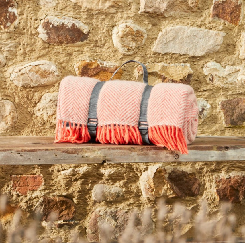 Tweedmill Polo Pure Wool Knitted Picnic Blanket, Herringbone, Flamingo