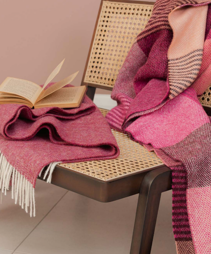 Bronte By Moon Herringbone Pure New Wool Throw, Raspberry Ripple