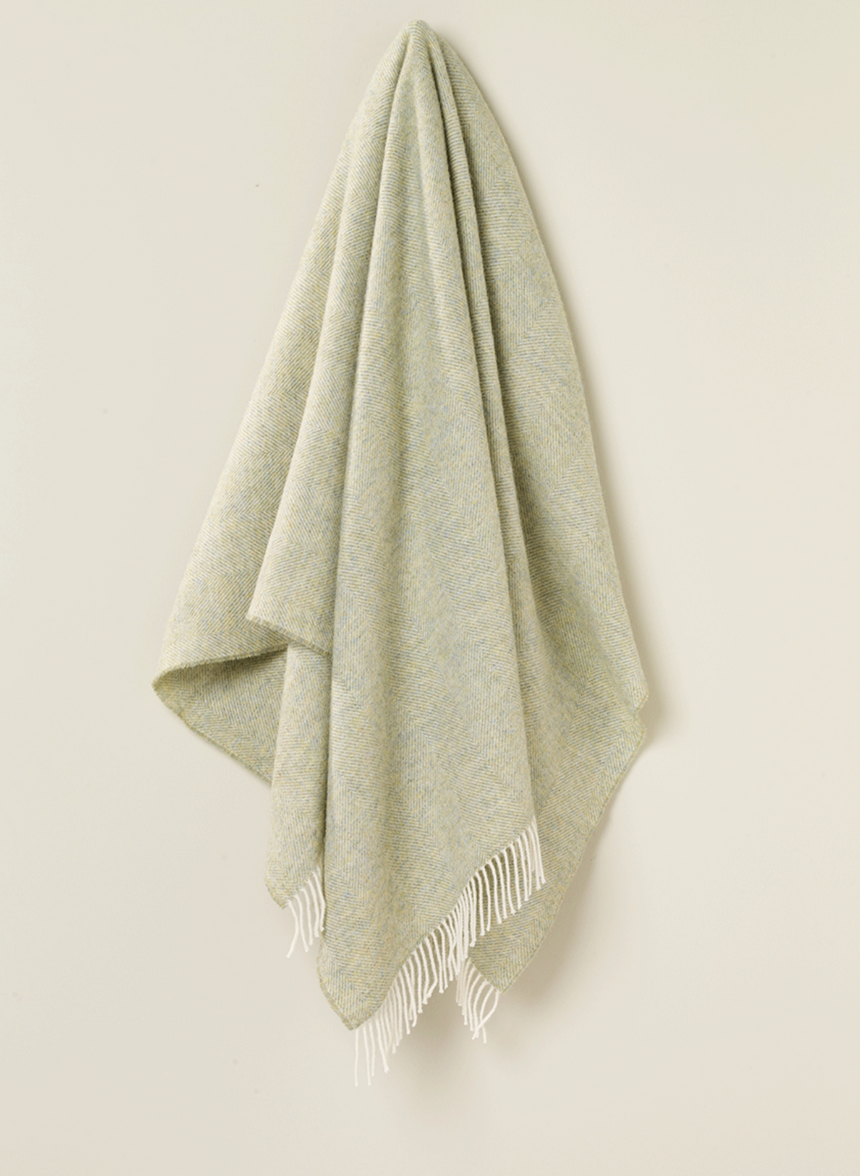 Bronte By Moon Herringbone Shetland Wool Throw, Light Sage