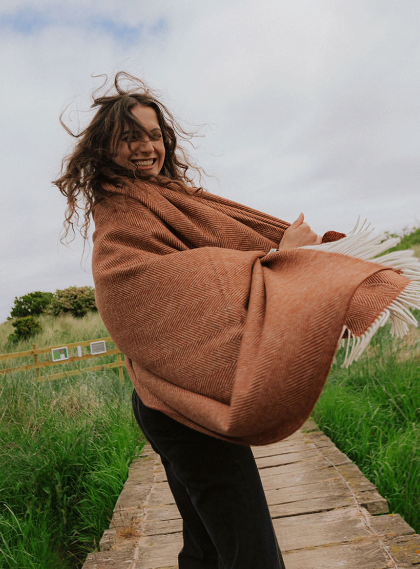 Bronte By Moon Herringbone Merino Wool Throw, Rust