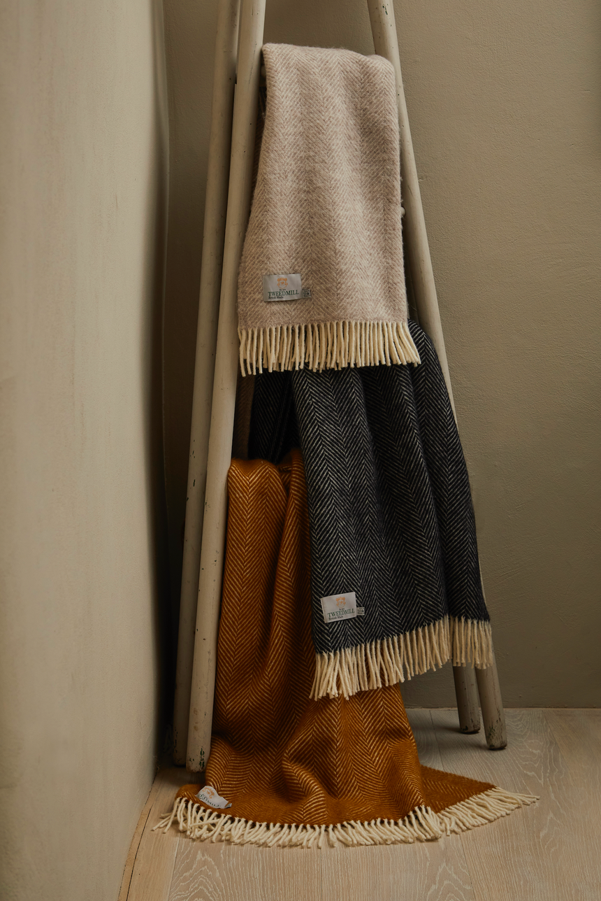 Tweedmill Fishbone Pure New Wool Throw, Navy