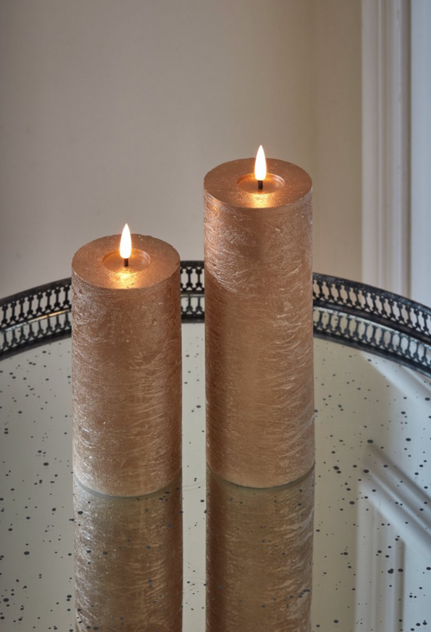 LED Pillar Metallic Candles Dark Champagne ( Set Of 2)