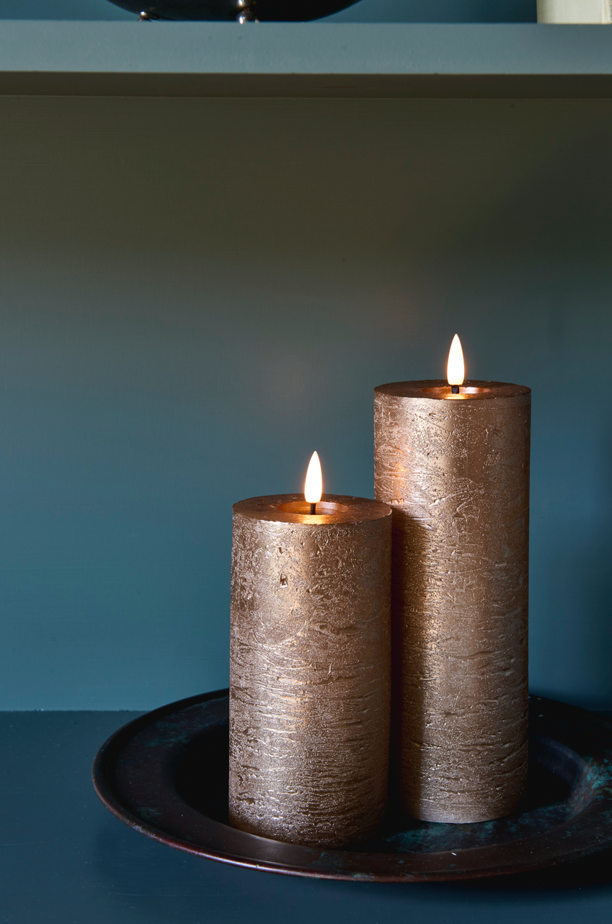 LED Pillar Metallic Candles Dark Champagne ( Set Of 2)