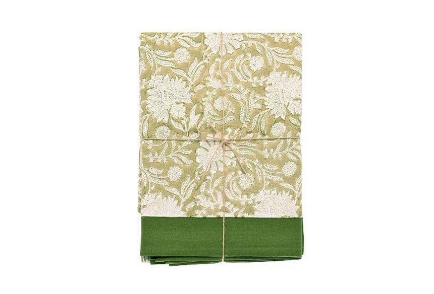 Walton & Co Elise Hand Block Print Cotton Tablecloth, Olive