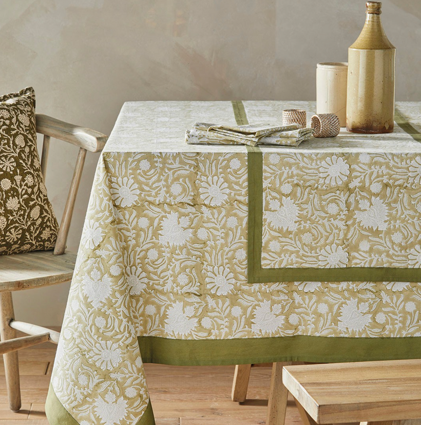 Walton & Co Elise Hand Block Print Cotton Tablecloth, Olive