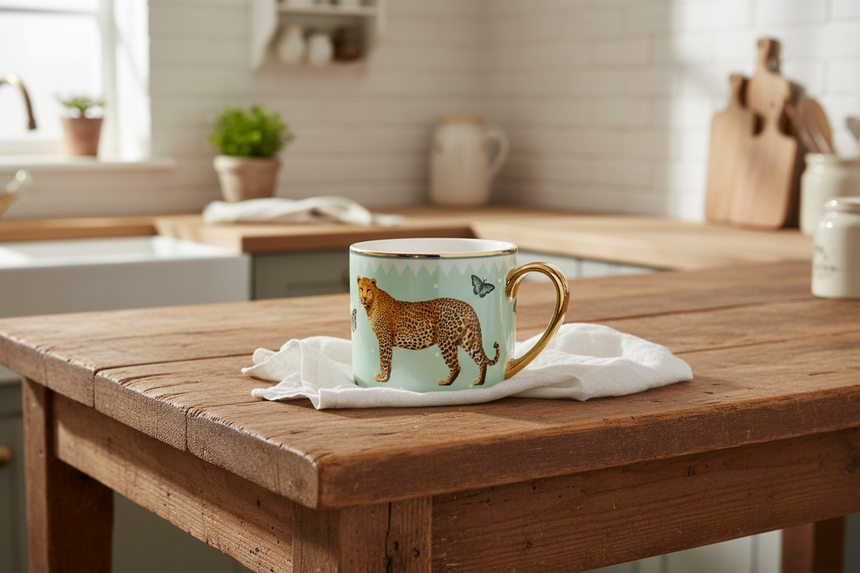 Mug with a leopard design and gold handle on a light green background