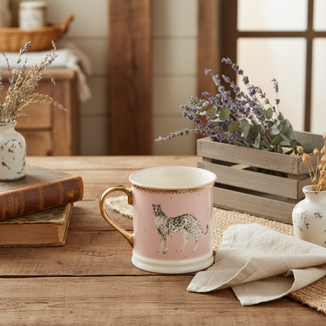 Pink mug with gold handle featuring a leopard design on a white background