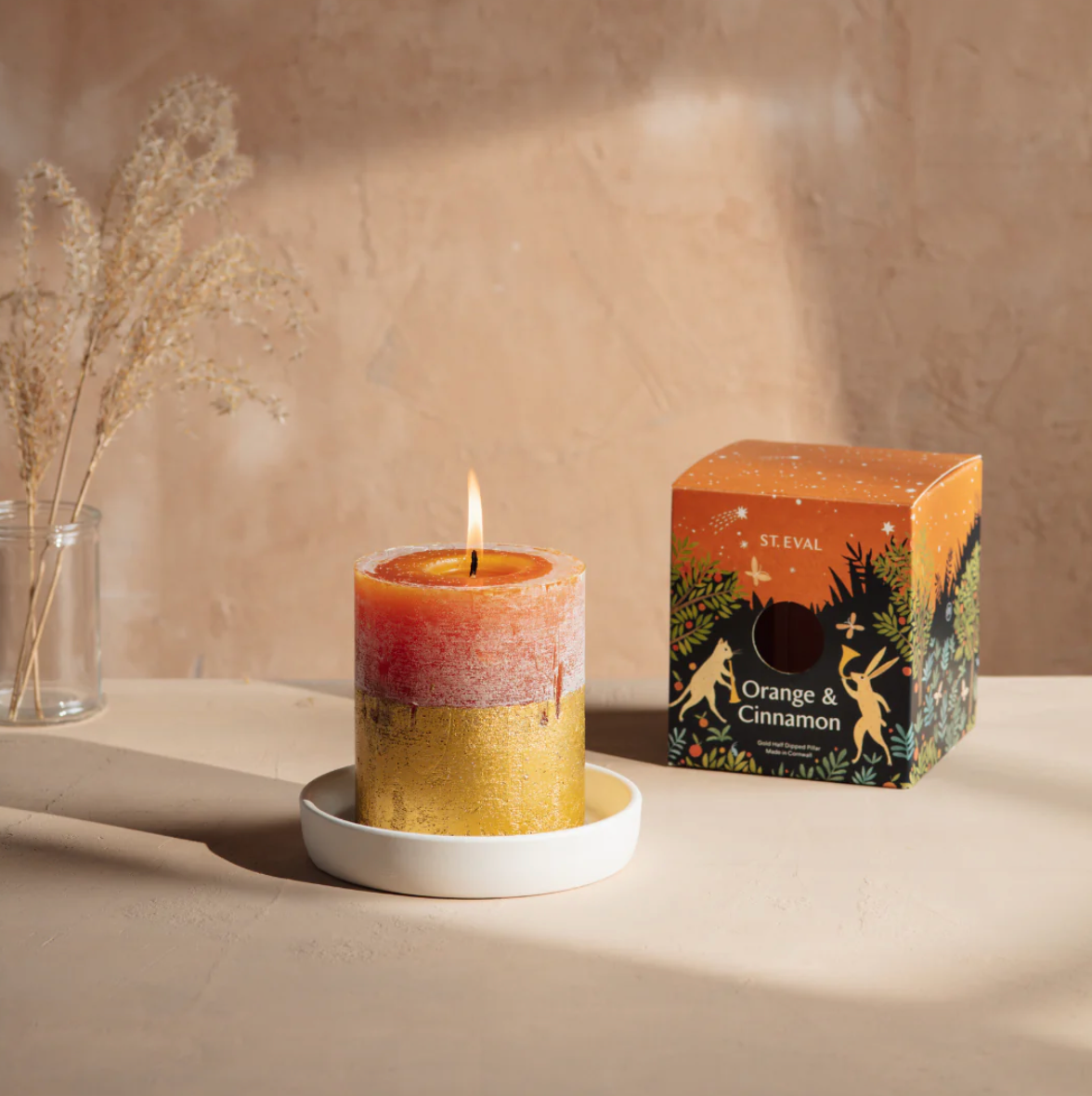 St Eval Gold Dipped Scented Pillar Candle, Orange & Cinnamon