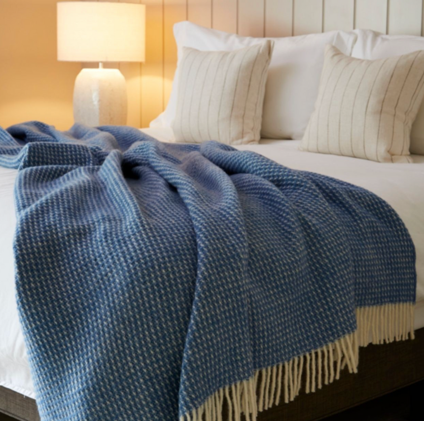 Tweedmill Waffle Pure New Wool Throw Blanket, Blue Jay