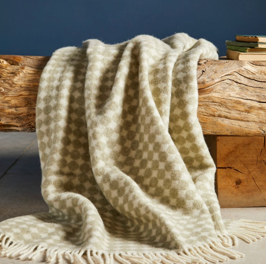 Tweedmill Jacquard Spot Pure New Wool Reversible Throw, Sage