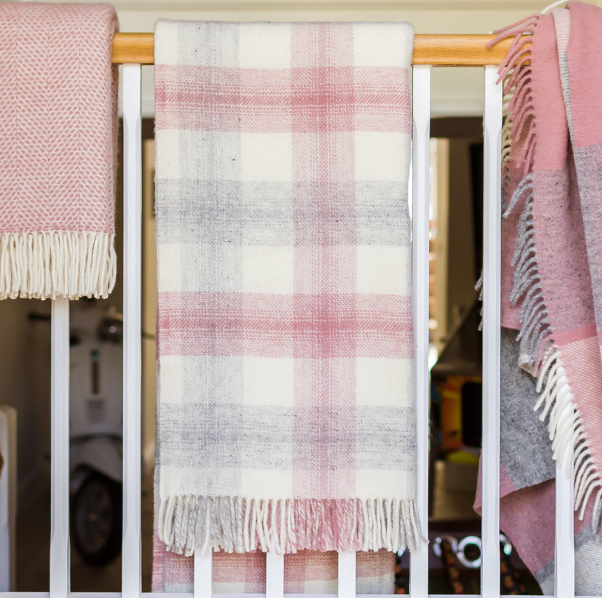 Tweedmill Meadow Check Pure New Wool Throw, Dusty Pink