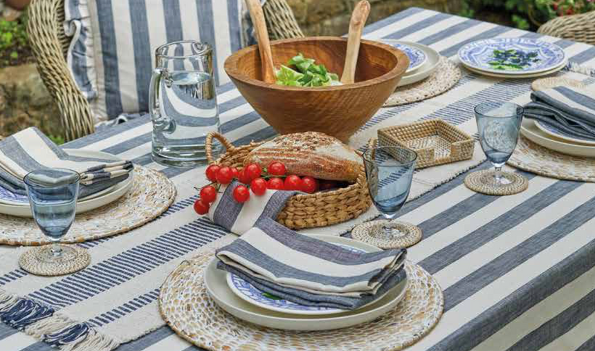 Walton & Co Wide Stripe Cotton Tablecloth, Flint Blue