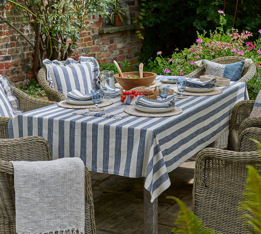 Walton & Co Wide Stripe Cotton Tablecloth, Flint Blue