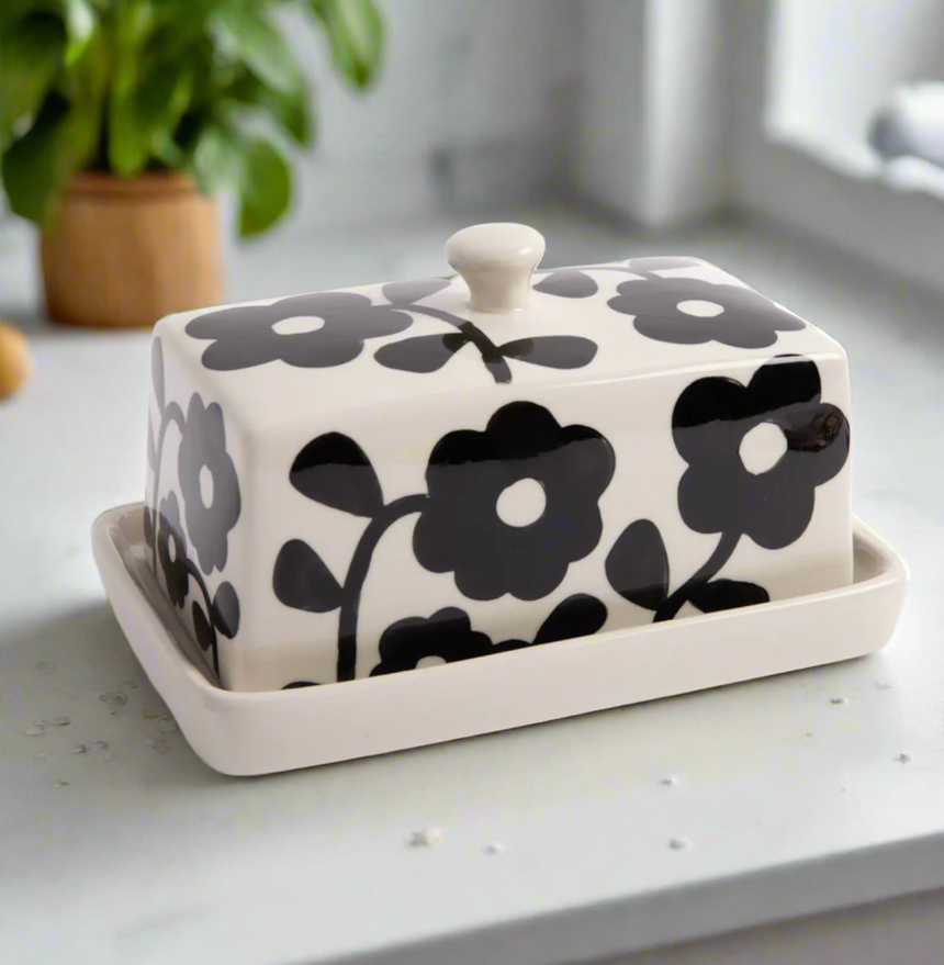 Caroline Gardner Monochrome Flowers Butter Dish