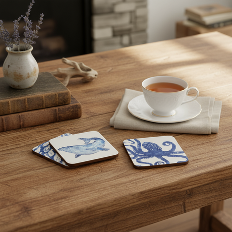 Set of coasters with whale, octopus, and coral designs on a white background